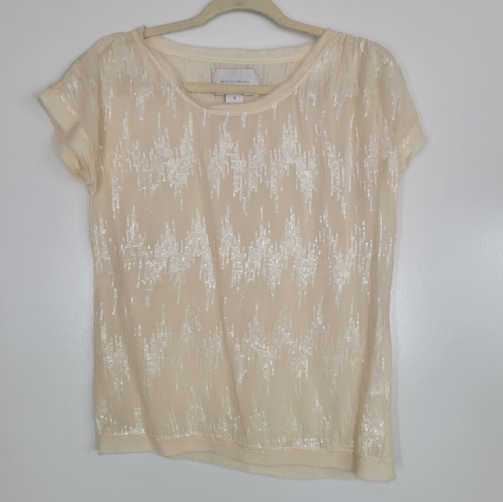 Brochu Walker Sheer Silk Chevron Sequins Pattern Blouse Small Shimmer Beige
